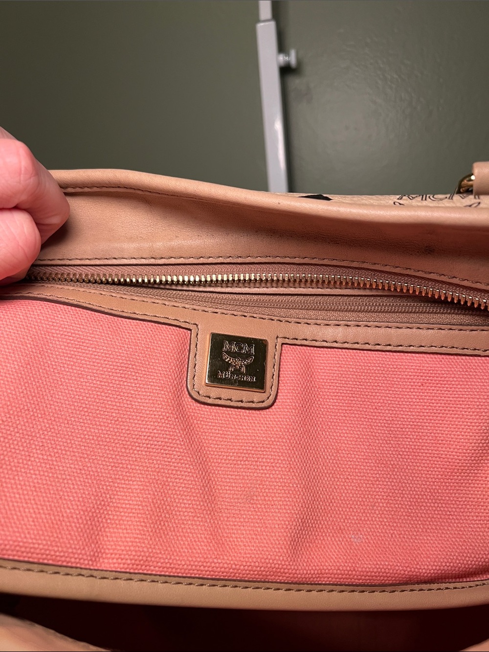 MCM Beige Logo Canvas Tote with Coral and Blue Center Stripe - Picture 10 of 10